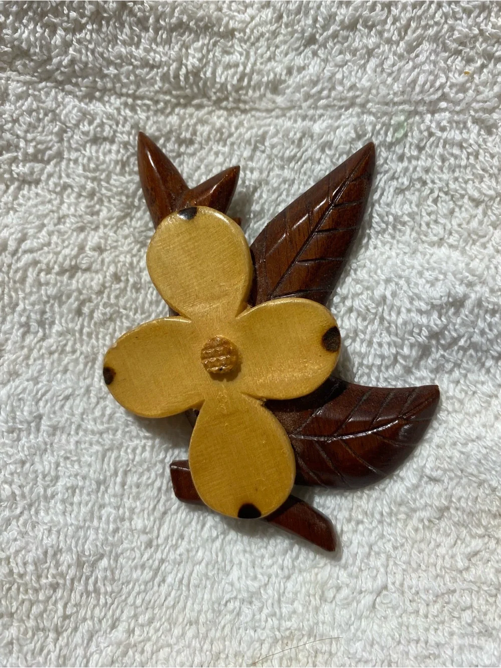 Handcrafted Wooden Flower Brooch in Yellow and Brown (RR)